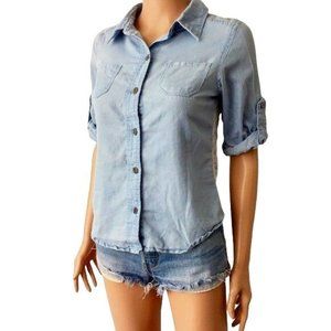 Poetry Rolled Sleeve Button Up Shirt Crochet Back Roll Top Womens Blue Large L